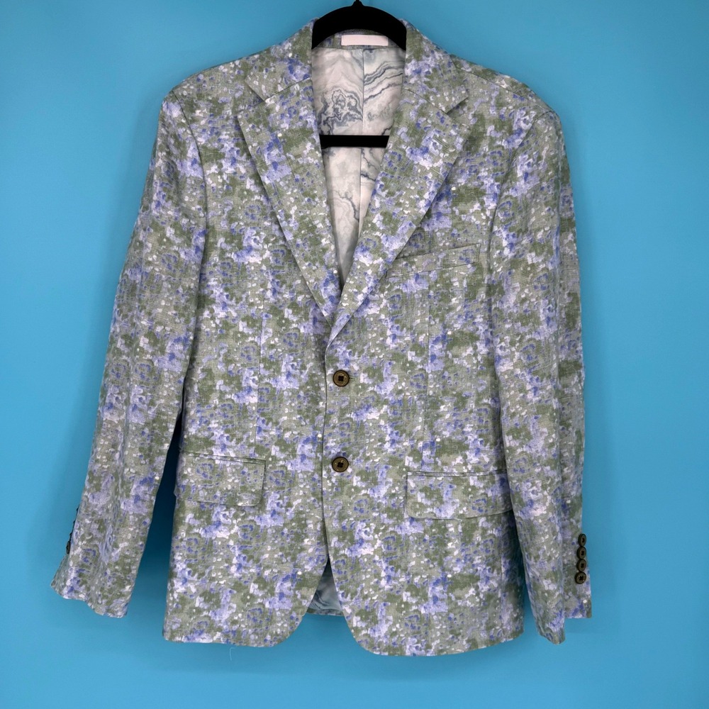 Tallia Mens 36S Linen Sport Coat Blazer Green/Blue Abstract Floral Print‎